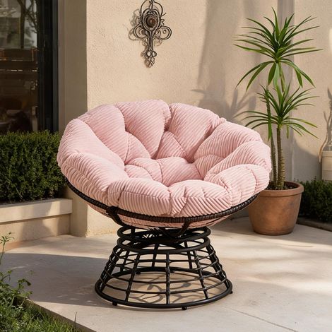 Fauteuil papasan rotin pivotant 360° coussin rose intérieur (1/5)