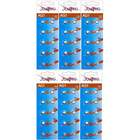 Lot de 60 piles bouton alcalines plates Type AG1/G1 compatibles LR60 LR621 SR621W 364 1,5V - Juanio - (1/2)