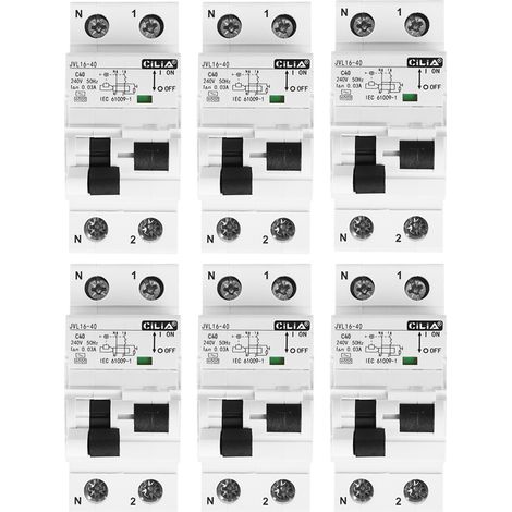 Lot de 6 Disjoncteur Différentiel Magnétothermique CILIA (RCBO) 1P+N 30mA Type AC, Courbe C, 6kA 2 Modules, 230V pour Tableau Électrique, 40A