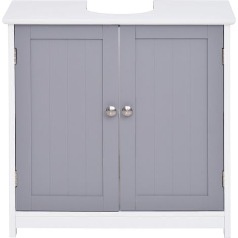 Meuble sous lavabo salle de bain sur pied, 2 portes, étagère réglable, blanc et gris, 60×30×60 cm (1/5)