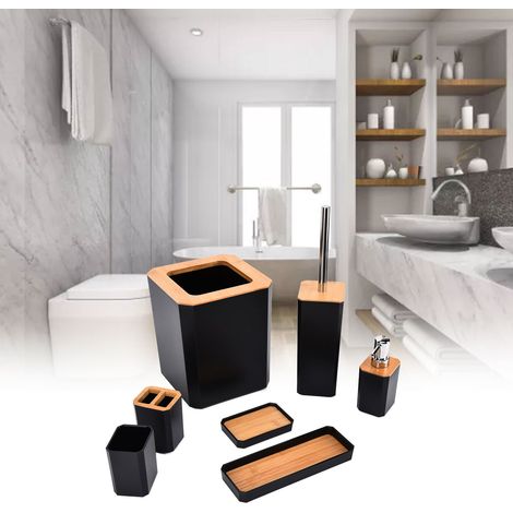 7-teiliges Badezimmer-Set aus Bambus und Holz, inklusive Abfalleimer und Toilettenartikeln, schwarz (1/5)