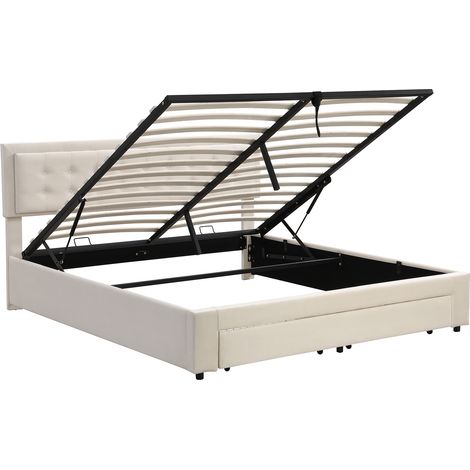 Letto Contenitore Matrimoniale con Testiera Regolabile 160 x 200 cm, senza Materasso, Beige (1/5)