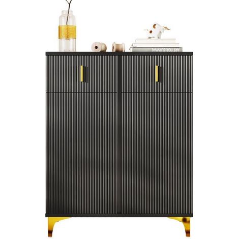 Meuble à chaussures 80x100x40, Armoire à chaussures à tiroirs, portes, étagères réglables, panneaux structurés, détails dorés (1/5)