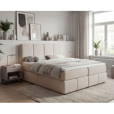 Emporius Lit continental 180 x 200 Sally avec rangement, matelas H3, surmatelas - tissu velours, Beige (1/5)