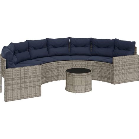 Canapé de jardin et table et coussins demi-rond gris poly rotin vidaXL (1/5)