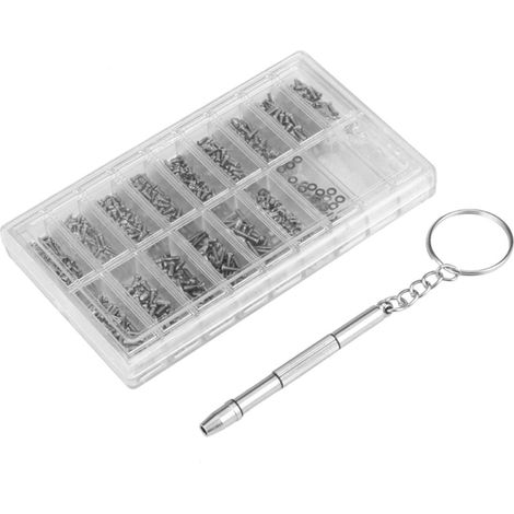 Kit de réparation de lunettes, boîte de rangement assortie, 1000 pièces, vis et tampons avec tournevis, micro-pinces à épiler pour montres, lunettes de vue et lunettes correctrices. (1/5)