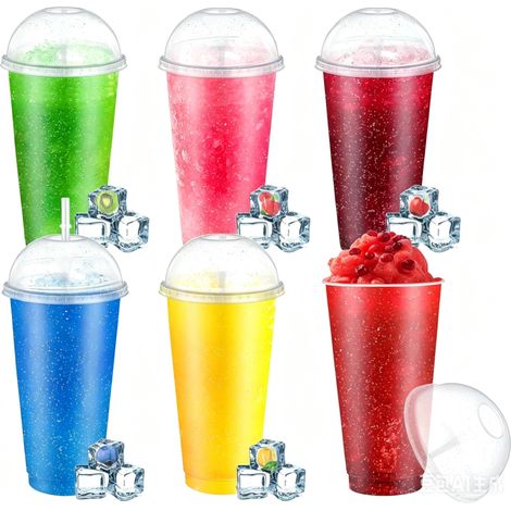 Juego de 6 vasos para granizados: 710 ml, tapas de plástico transparente con cucharas-pajita extraíbles – Vasos reutilizables para batidos, ideales para fiestas de verano y cumpleaños. (1/5)