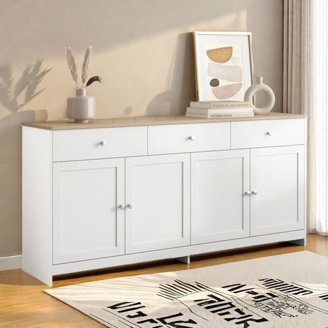 Moderne Anrichte, Niedrige Anrichte, Anrichte mit 3 Schubladen und 4 Türen, Stauraum, Küchenbuffet, 160x37x75cm, Weiß, Für Wohnzimmer, Küche