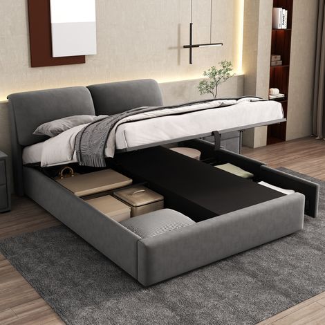 lit adulte rangement hydraulique 140x190 velours OKMYHOME (1/5)