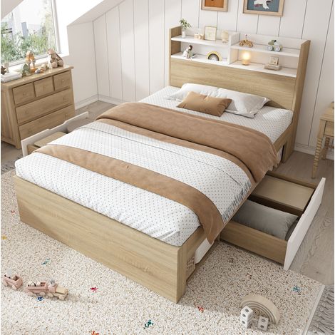Einzelbett 90/200 cm weiß/eiche aus Holz mit Kopfteilregal und 2 Schubladen (1/5)