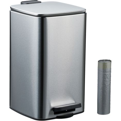 Relaxdays Cubo de Basura Baño, 8 Litros, Cierre Automático, Papelera Interior Extraíble, Metal, Tapa y Bolsas, Plateado
