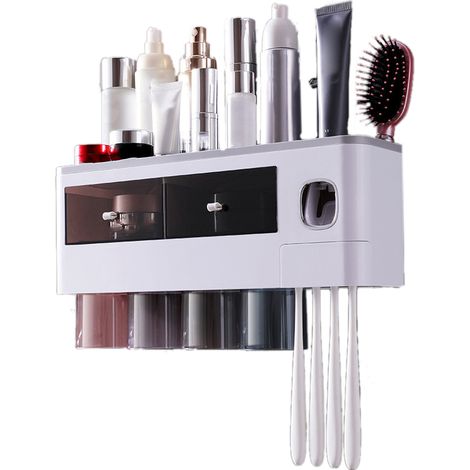 Portaspazzolino da parete multifunzionale con fissaggio magnetico, scaffale portaoggetti per il bagno con cassetto, dispenser di dentifricio, 4 bicchieri, grigio traslucido (38,4 x 11,3 x 20 cm). (1/5)