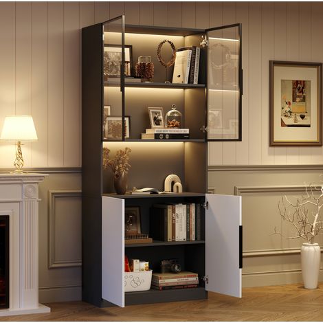 Vitrina con puertas de cristal e iluminación LED, 80 x 30 x 200 cm, blanco y negro DESVIAE (1/5)