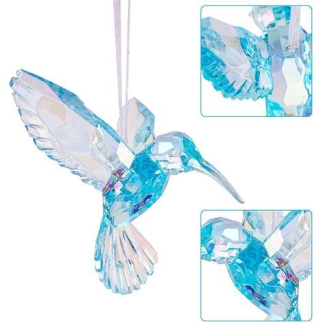 Set di 6 ornamenti acrilici a forma di colibrì, grandi ciondoli in cristallo, decorazione a forma di uccello con riflessi iridescenti viola, blu e trasparenti. (1/3)