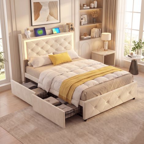 Superaly Lit Simple 90x200cm avec 2 Tiroirs, Rangement dans la Tête de Lit, Lit Enfant Capitonné avec Éclairage LED, Port USB, Sommier à Lattes, Style Moderne, Beige (Matelas non Inclus) (1/5)