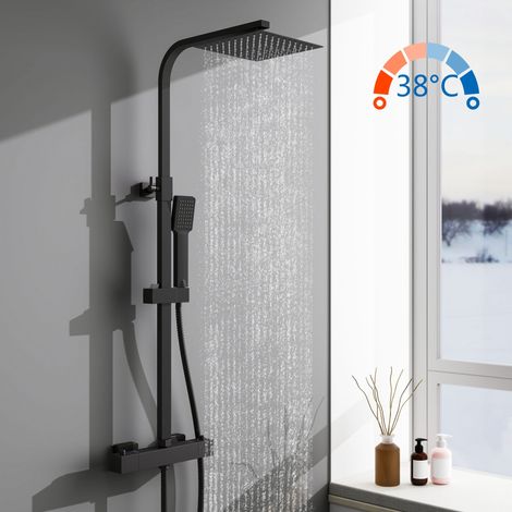 AICA Duschsystem mit Thermostat, Schwarz Duschset Regendusche inkl. Kopfbrause, Handbrause und Verstellbarer Duschstange Duscharmatur Anti-Verbrühungs-Duschsystem (1/5)