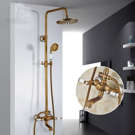 Zamery – Colonne de douche rétro en laiton doré – Réglable 70-120 cm – Pommeau pivotant 15° – 3 modes de jet – Installation facile