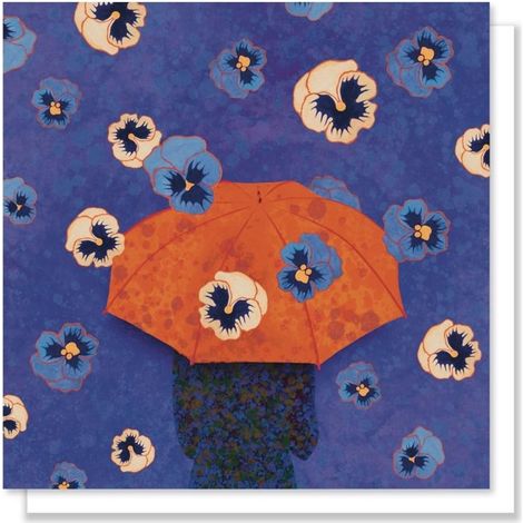 Biglietto d'auguri. Ombrello con viole del pensiero.