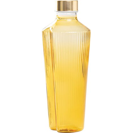 Bottiglia Handy in vetro borosilicato colore giallo oro con decorazione a solchi verticali, design lineare elegante e funzionale, ideale per la tavola