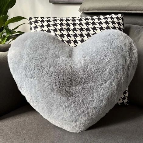 Filiyano-Gris 38 x 45 cm Coussin décoratif en fausse fourrure de lapin, coussin moelleux en forme de cœur, matière pelucheuse, cadeau de (1/5)