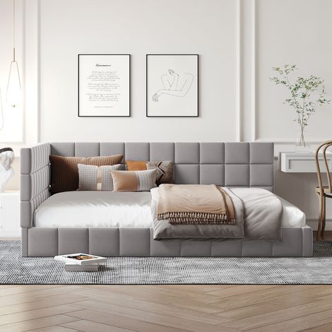 Lit canapé-lit capitonné 140 x 200 cm gris velours doux, sommier à lattes, convertible, clic-clac, lit multifonctionnel pour salon ou chambre (1/4)
