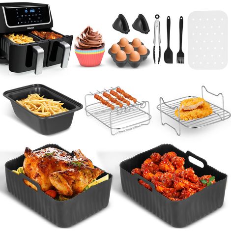 Ce kit de 12 accessoires pour friteuses à air chaud à deux zones comprend un revêtement en silicone, une double grille, des moules à gâteaux et bien plus encore. Compatible four et micro-ondes. (1/5)