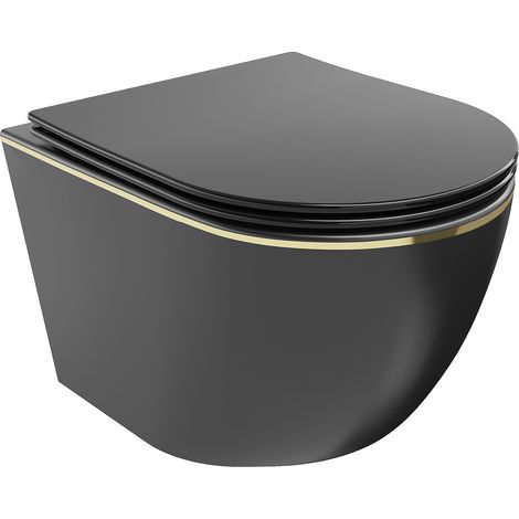 Mexen Lena WC-Schüssel Randlos mit slim Sitz und Absenk-Automatik, duroplast, Schwarz matt/gold lini (1/5)