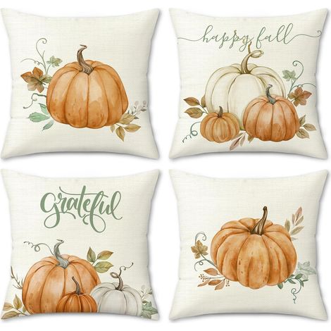 Fundas de cojín decorativas con estampado de calabaza naranja, 4 fundas de almohada decorativas de poliéster para sofá, cama, patio o jardín, 45 x 45 cm (1/4)