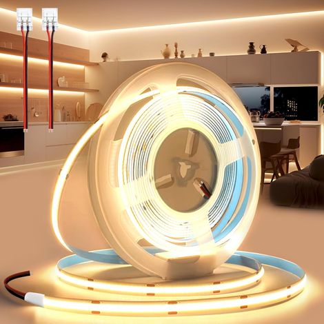 Ruban LED COB 5M 12V Autocollant Bande LED 3000K Blanc Chaud Flexible 320LED/M Découpable Largeur 8mm CRI90 Intérieur Eclairage Avec Connecteur, pour Chambre Cuisine (Sans Alimentation) (1/5)