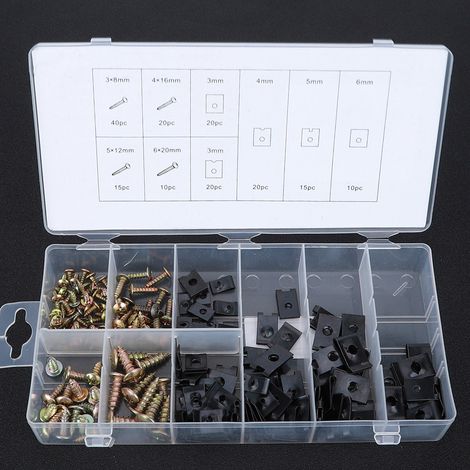 Kit d'assortiment de 170 pièces en acier au carbone comprenant des clips en U et des vis, avec boîte de rangement (1/5)