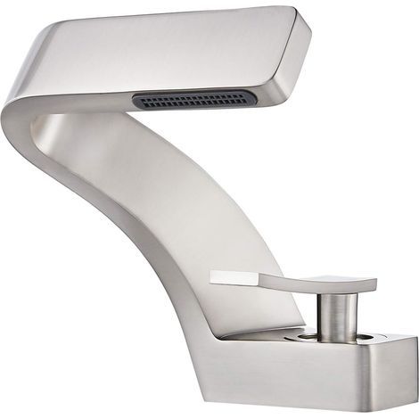 Rubinetto a cascata per lavabo da bagno, con rubinetti per acqua calda e fredda in ottone massiccio, include due tubi flessibili standard americani (nichel spazzolato). (1/5)