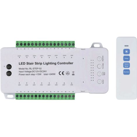 RL-STEP-02: Centralina per scale a 16 canali 12V/24V max 15W/canale, luminosità e velocità regolabili + telecomando
