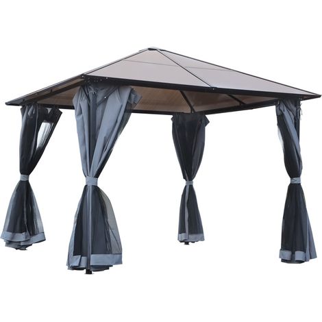 Gartenpergola 3x3 m mit Polycarbonatdach, Vorhängen und Moskitonetz, dunkelgrau (1/3)