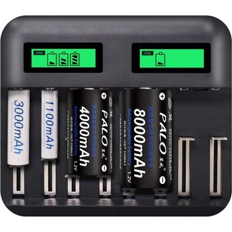 BORLAI® 8 Slots Chargeur AA AAA Piles C D Batterie rechargeable, Chargeur de batterie USB intelligent multifonction LCD-Ywey (1/4)