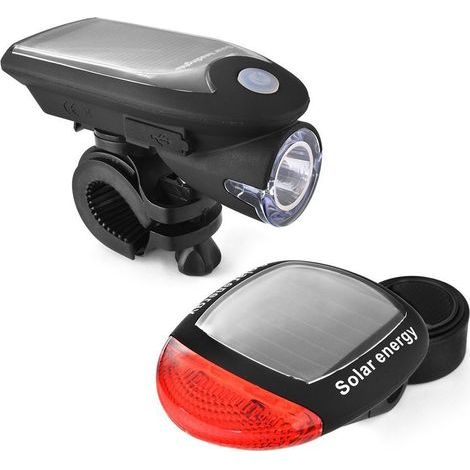 Leistungsstarke, tragbare Fahrradlampe – USB-aufladbare Solar-LED-Fahrradlampe mit Vorder- und Rücklicht – Schwarzer Scheinwerfer + Rücklicht, Schwarz (1/5)