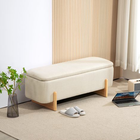 Banc coffre rembourré en aspect lin, pieds en bois, beige, 111 x 44 x 44,5 cm, OKWISH (1/5)