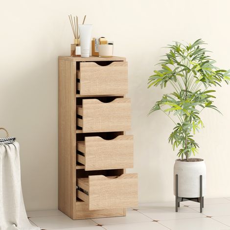 Tablette de rangement style nordique 4 tiroirs à reliefs, 29x29x83 cm, bois naturel, gain d'espace pour salle de bain (1/5)