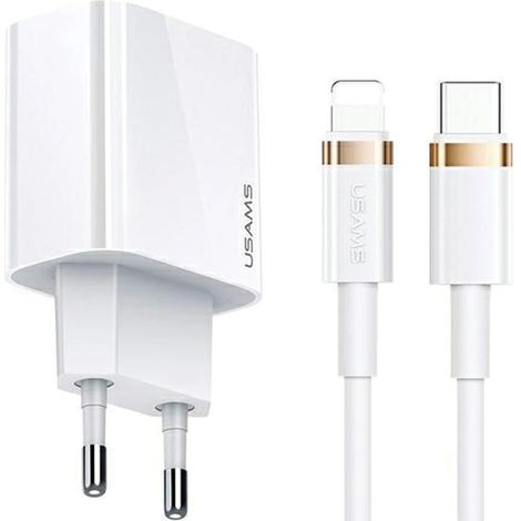 Cargador USB-C Usams T34 de 20 W y 5 V-3 APD3.0 + Cable USB-C a Lightning U63 de 20 W, color blanco (T49) T49OCLN01