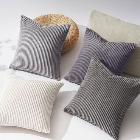 Housse Coussin 45x45 cm Velours Côtelé Rayé Gris Beige – Lot de 4 Ultra Doux Vintage Art Déco (1/4)