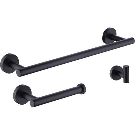 3-teiliges Badezimmer-Accessoire-Set in Schwarz – Handtuchhalter, Toilettenpapierhalter, Garderobenständer, Wandmontage, Edelstahl matt – KZQ