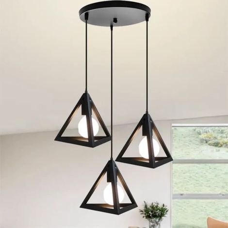 U-Do Lustre Suspension Triangle Noir Suspension Luminaire Rétro en Métal 3 Têtes Lampe en Disque Plafonnier éclairage pour Cuisine (1/4)