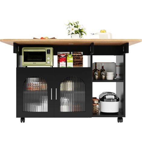 Îlot de cuisine moderne avec cloisons amovibles, chariot buffet effet bois, table multifonction avec espace de rangement, noir