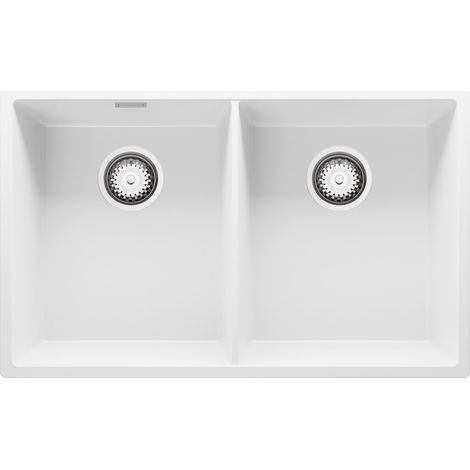 PRIMAGRAN Evier Sous Plan 76x47cm, Evier en Granit 2 bacs + Kit de Vidage, Évier au meuble 80cm - London Twin, Blanc (1/5)