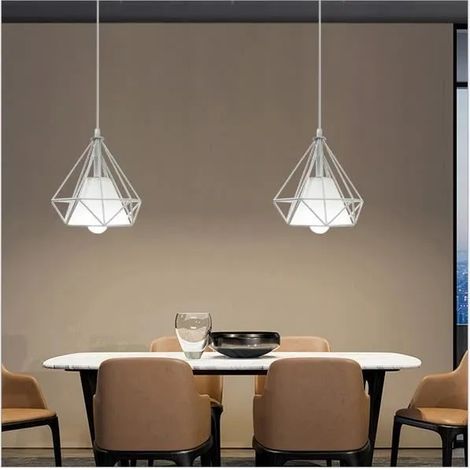 2PCS Moderne Lustre Suspension en Diamant Cage Blanc Lampe Suspension Vintage Ajustable avec Abat-jour Métal pour Salon (1/4)
