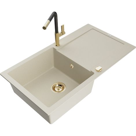 Mexen Leo lavello in granito a 1 vasca con sgocciolatoio e rubinetto cucina Flora, beige - 6501-69-670401-57-G (1/5)