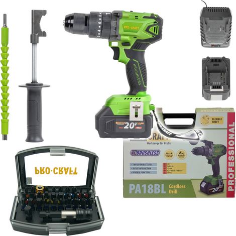 Procraft PA18BL Akku Schlagbohrschrauber 20 V 50 Nm Brushless + 2x Akku 4,0 Ah + Ladegerät + 32 tlg. Bit Set + Koffer
