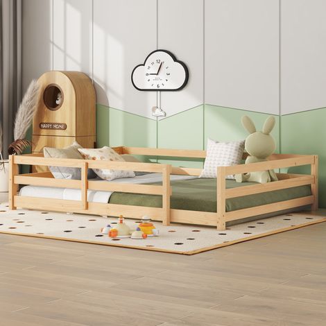 Cama infantil Montessori (204x144x40 cm), con barandilla de 4 lados y somier incluido, madera maciza de pino natural (1/5)