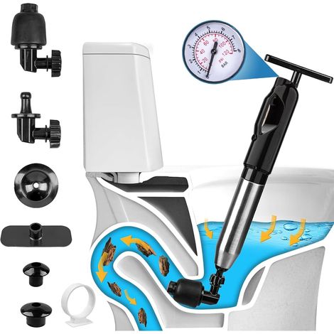 Déboucheur WC à Air Comprimé avec 4 Différentes Ventouses et Baromètre, Deboucheur canalisation Pompe, Déboucheur de Toilette pour Toilette Lavabo Évier Baignoire, 2026 Mise à niveau (Noir) (1/5)