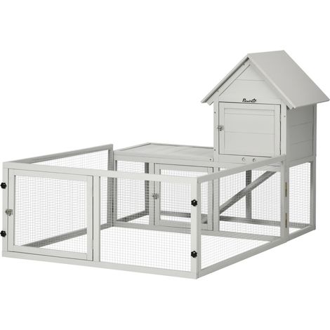 Indoor Rabbit Hutch, Guinea Pig Cage, Slide-Out Tray, Large Fenced Area - Light Grey (1/5)