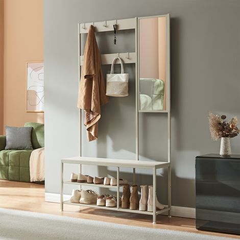 Stand Appendiabiti Napinerg con Specchio Panca e Scarpiera 185 x 98 x 34 cm - Avena Oatmeal [en.casa]